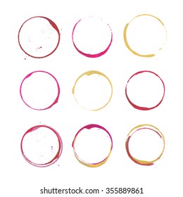 Set Of Rose, Red And White Wine Stain Circles. Red Wine Stains And Spots. Rose Wine Bottom Glass Ring Stains For Badge Design. Hand Drawn Glass Marks Of Wine Stains On White.