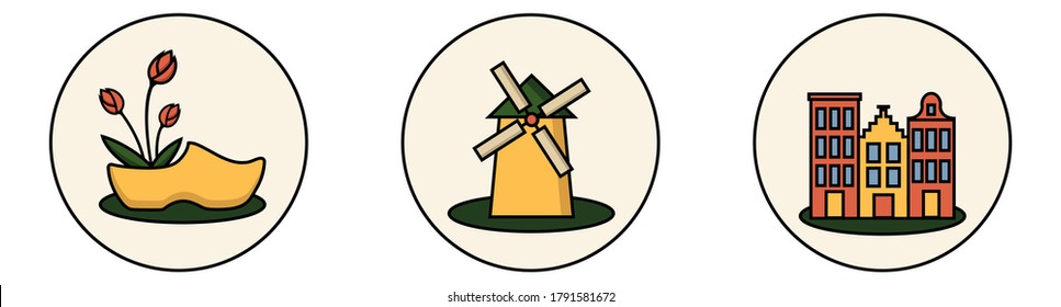 Set Of Round Isolated Sticker Icons With Symbols Of Amsterdam, Holland. Windmill, Typical Dutch Architecture, Clog With Tulips. Cartoon Style.