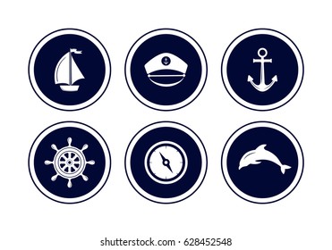 Set Of Round Maritime Icons. Sign Anchor Ocean Ship, Graphic Element Nautical Symbols. Marine Emblem. Travel Sea Stamp Sailing Rope Symbols.