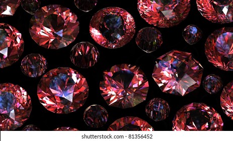 Set Of Round Ruby On Black Background. Gemstone