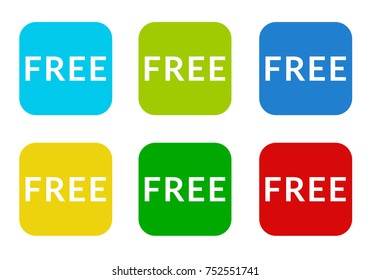 Set of rounded square colorful flat icons with the word free in blue, green, yellow, cyan and red colors