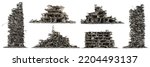 set of ruined buildings, post-apocalyptic skyscrapers isolated on white background, 3d rendering