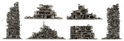Set Of Ruined Buildings, Post-apocalyptic Skyscrapers Isolated On White Background, 3d Rendering