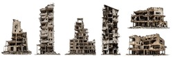 Set Of Ruined Houses, Post-apocalyptic Buildings Isolated On White Background, 3d Render