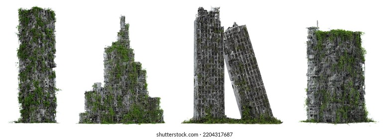 set ruined overgrown skyscrapers  tall post  apocalyptic buildings isolated white background  3d rendering