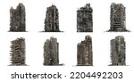 set of ruined skyscrapers, post-apocalyptic buildings isolated on white background, 3d rendering