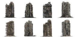 Set Of Ruined Skyscrapers, Post-apocalyptic Buildings Isolated On White Background, 3d Rendering