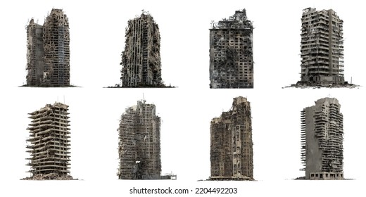 set ruined skyscrapers  post  apocalyptic buildings isolated white background  3d rendering