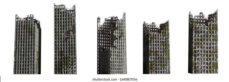 set of ruined skyscrapers, tall post apocalyptic buildings isolated on white background, 3d render
