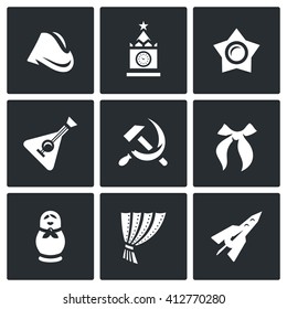 Set Of Russia Country Icons. Soldier Field Cap, Kremlin, Moscow, Oktyabrenok, Balalaika, Hammer And Sickle, Pioneer Tie, Matryoshka, Iron Curtain, Rocket. Symbols Of Russia. 