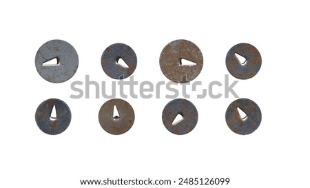 set of rusty stationery tacks, front view, metal push pins on white background