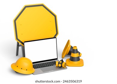 Set of safety helmet or hard hat, road traffic cones and sign for under construction road work near laptop on white background. 3d render cancept of website under maintenance with carpentry tools - Powered by Shutterstock