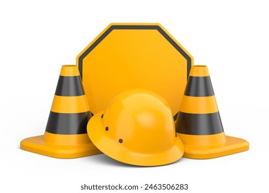 Set of safety helmets or hard hats and traffic cones, road sign for under construction road work on white background. 3d render carpentry tools for industrial worker and handyman - Powered by Shutterstock