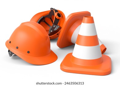 Set of safety helmets or hard hats and traffic cones for under construction road work on white background. 3d render carpentry tools for industrial worker and handyman - Powered by Shutterstock