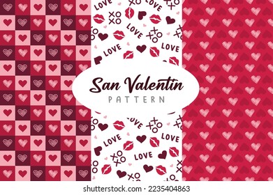set of saint valenting patterns with pink, white, and purple colors, texture desing with heart and kisses