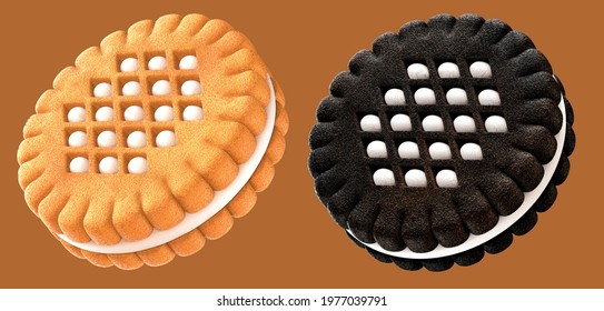 Set Of Sandwich Cookie With Cream Filled. 3d Illustration 