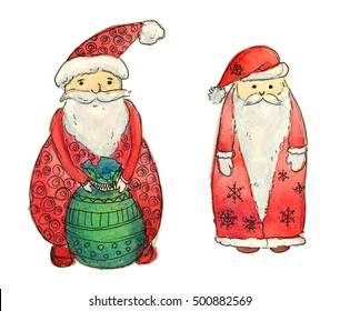 Set of Santa Clause. Funny Santa. New Year Greeting Card. Christmas watercolor background. Cartoon Santa watercolor illustration. Delivery of New Year gifts. Santa's Sack. Christmas Delivery Service -