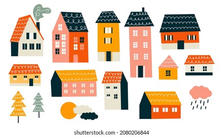 A set Scandinavian multicolored houses  doodle  flat  Illustrations buildings  children's drawings  For kids  Isolated white background  