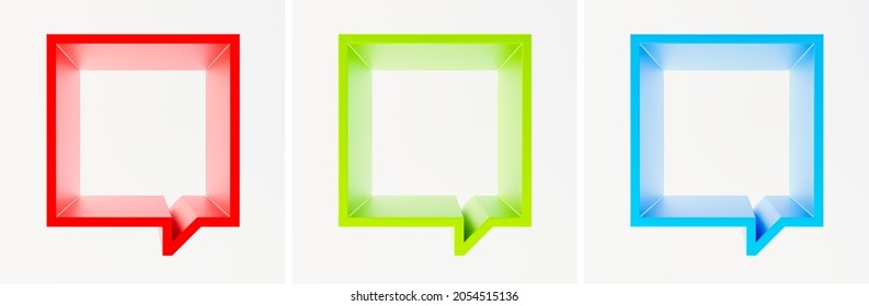 Set of scene with red, green and blue square empty frame-podium or shelf. Shapes looks like a quote bubble. Mock up design for showcase, display case, shopfront. Fresh, modern color. 3d render.