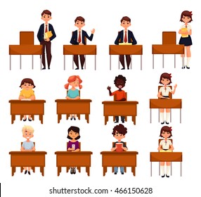 Set of school boys and girls sitting at their desks in the classroom cartoon style illustration isolated on white background. Diverse students in class, lesson in primary secondary school - Powered by Shutterstock