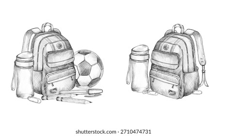 set of school composition, backpack, soccer, football ball, pencil, pen, eraser, paper clip, water bottle, hand drawn pencil sketch of education theme, autumn event, back to school illustration for study, learning decoration