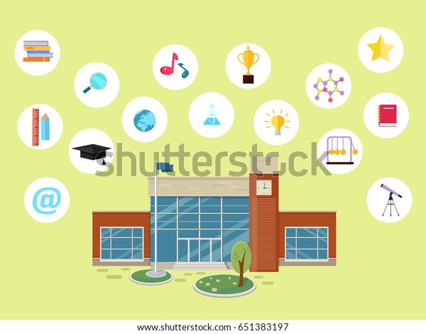 Set of school icons. School building, books,\
magnifier glass, sound, cup, chain, star, ruler, pencil, hat, globe\
earth flask lamp notebook device internet telescope School life\
symbols