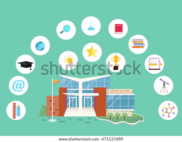 Set of school icons. School\
building, books, magnifier glass, sound, cup, chain, star, ruler,\
pencil hat globe earth flask lamp notebook device internet\
telescope
