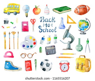 Set of school items on white background. Hand drawn watercolor illustration.