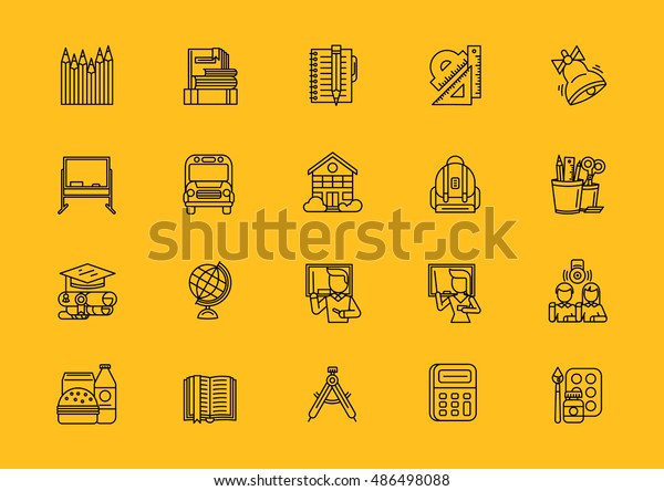 Set of school thin, lines, outline, strokes icons. Items\
for school study, pencil, bag, breakfast, dividers, globe student,\
bell black on yellow background. For web and mobile applications\
