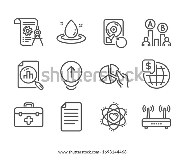 Set\
of Science icons, such as File, Atom, Wifi, Divider document, Fuel\
energy, Swipe up, Pie chart, Ab testing, First aid, Recovery hdd,\
Analytics graph, World money line icons. File\
icon.