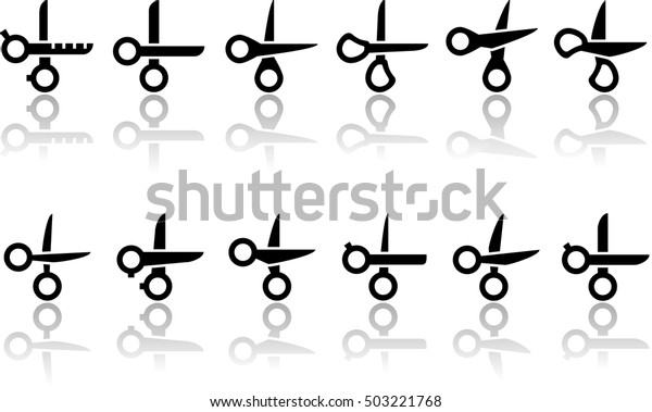 set\
of scissors icons with mirror reflection\
silhouette