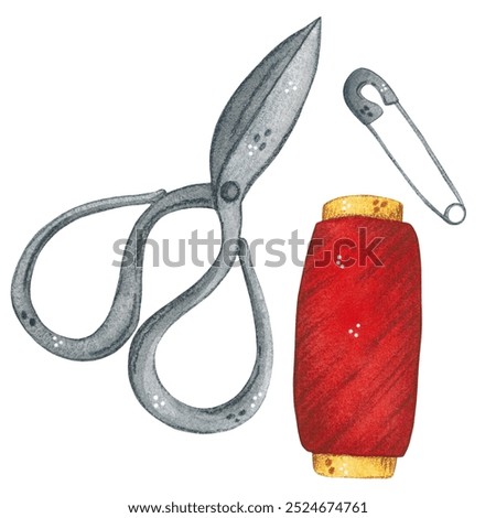 Set of scissors, spool of thread and pins on a white background. Watercolor illustration hand drawn in a cartoon style. Drawing for stickers, posters, postcards. Sewing, tailor, seamstress, needlework