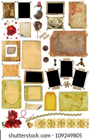 A Set Of Scrap Elements, Picture Frames, Photo Edges And Texture Of The Paper. Template For The Album Design In Vintage Style. On A White Background