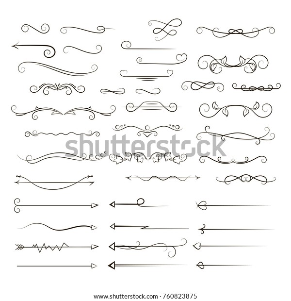 A set of scrolls and curls for\
underlining. Decorative arrows deviders hand\
drawing