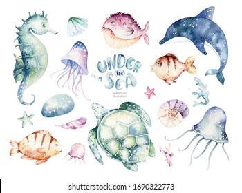 Set Of Sea Animals. Blue Watercolor Ocean Fish, Turtle, Whale And Coral. Shell Aquarium Background. Nautical Dolphin Marine Illustration, Jellyfish, Starfish
