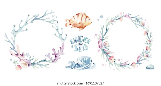 Set Of Sea Animals. Blue Watercolor Ocean Fish, Turtle, Whale And Coral. Shell Aquarium Background. Nautical Marine Illustration