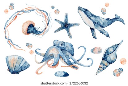 Set of sea animals. Blue watercolor ocean fish, Medusa, whale, seahorse, octopus. Hand drawn illustration