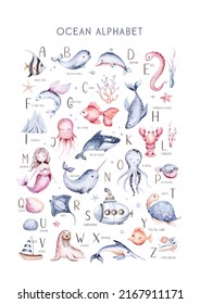 Set Of Sea Animals. Blue Watercolor Ocean Fish, Turtle, Whale And Coral. Shell Aquarium Background. Nautical Dolphin Marine Illustration, Jellyfish, Starfish