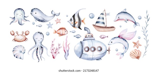 Set Of Sea Animals. Blue Watercolor Ocean Fish, Turtle, Whale And Coral. Shell Aquarium Background. Nautical Dolphin Marine Illustration, Jellyfish, Starfish