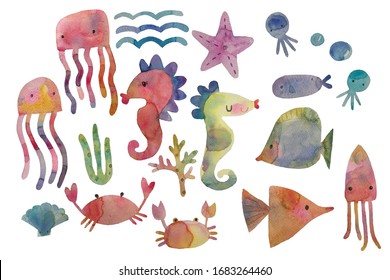 Set Of Sea Creatures,under The Sea, Sea Animals, Illustration Element. Hand Painted  Watercolor Isolated  On White Background.