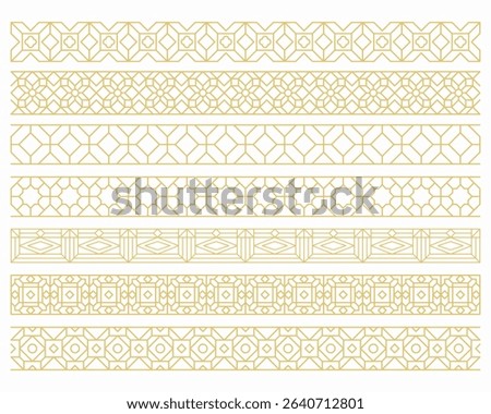 A set of seamless Islamic border patterns in elegant golden line art. These geometric decorative ornaments are inspired by Middle Eastern and Arabic design.