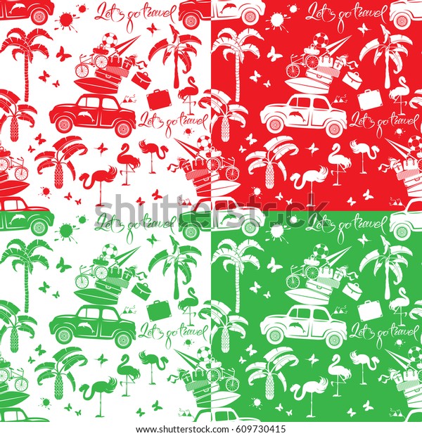 Set of seamless patterns with small retro travel\
car, luggage, palm trees, flamingo, text Lets go travel. Red, green\
and white color backgrounds. Element for summer greeting, posters\
Raster version