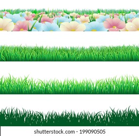 A Set Of Seamlessly Tilable Grass And Flower Footer Deign Elements