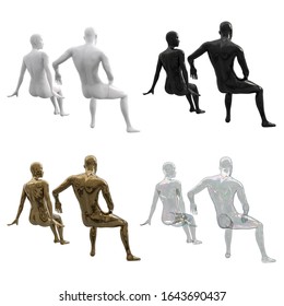 Set Of Seated Female And Male Mannequins In A Back View. Set Of Mannequin White, Black, Transparent, Gold Color. Storefront Design For Shops. Human Body In A Sitting Pose. 3d Illustration.