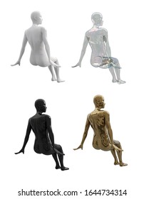 Set Of Seated Female Mannequins In A Back View. Set Of Female Mannequin White, Black, Transparent, Gold Color. Storefront Design For Shops. Female Body In A Sitting Pose. 3d Illustration.