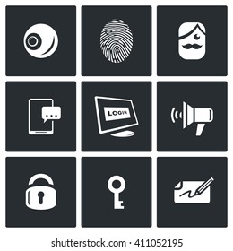 Set Of Security Technology Icons. Retinal Scan, Fingerprint Identification, SMS, Password, Speech Synthesis, Locking, Unlocking, Signature. Eye, Finger, Holder, Smartphone, Computer, Speaker, Lock