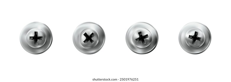 Set Self-tapping screw with a press washer galvanized. Metal screws heads, silver, grey textured bolt caps isolated on white background. Objects top view, hats metalwares.  illustration .