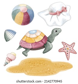 A set of seven digital illustration elements that can be used to create various compositions on the theme of beach holidays, summer and vacations. Style colored pencils and watercolor