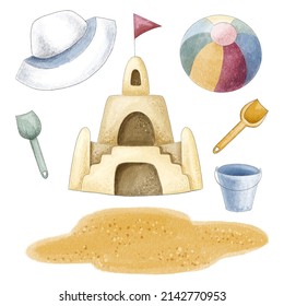 A set of seven digital illustration elements that can be used to create various compositions on the theme of beach holidays, summer and vacations. Style colored pencils and watercolor