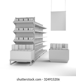 Set Of Shelves In A Store Or A Shop. 3D Rendering